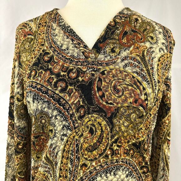 90s MONTEREY BAY Black Gold Paisley V Neck Long Sleeve Top Womens M READ Whimsy - Picture 2 of 5